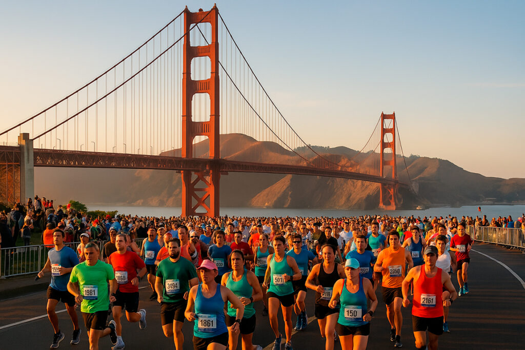 Maratonistas cruzando el Golden Gate en San Francisco