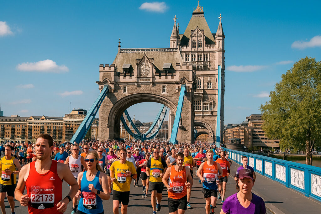 Corredores de la Maratón de Londres por el puente Tower Bridge