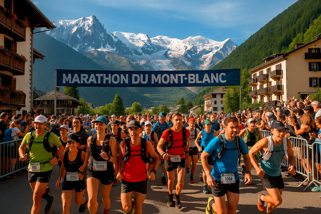 Corredores en la Maratón del Mont Blanc con vistas a dicho macizo