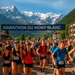 Corredores en la Maratón del Mont Blanc con vistas a dicho macizo