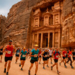 Corredores en la Maratón de Petra pasando por el monumento Al Khazneh en Jordania