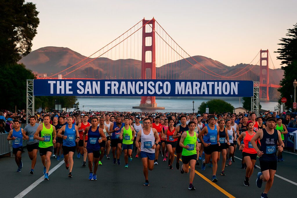 Corredores en la Maratón de San Francisco con vistas al puente de Golden Gate
