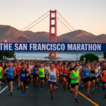Corredores en la Maratón de San Francisco con vistas al puente de Golden Gate
